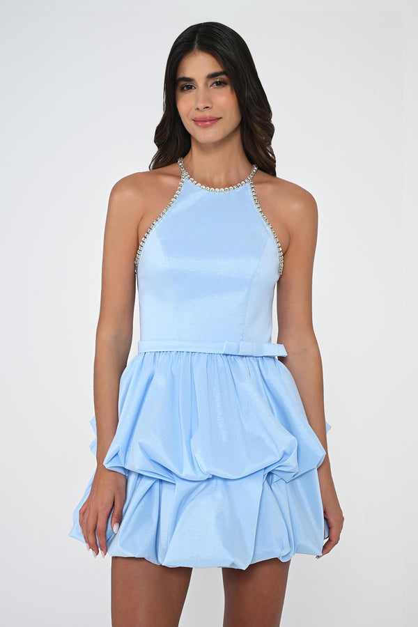 Halter Neck Taffeta Short Dress with Stones and Balloon Skirt