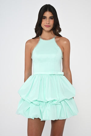 Halter Neck Taffeta Short Dress with Stones and Balloon Skirt