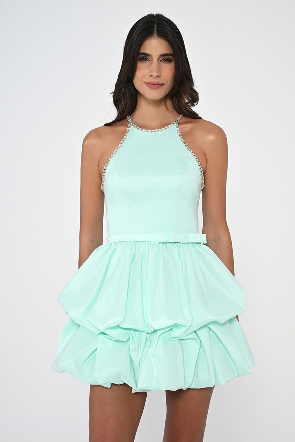 Halter Neck Taffeta Short Dress with Stones and Balloon Skirt