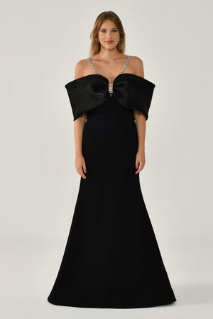 Stone-Embellished Strappy Off-Shoulder Crepe Long Dress