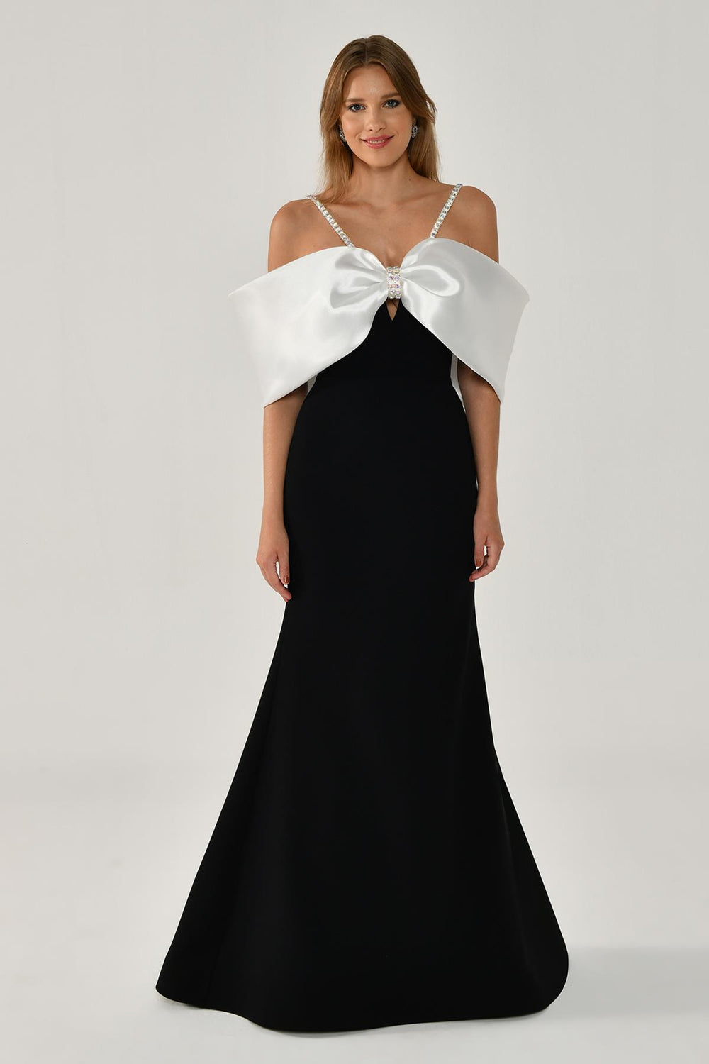Stone-Embellished Strappy Off-Shoulder Crepe Long Dress