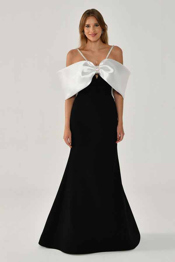 Stone-Embellished Strappy Off-Shoulder Crepe Long Dress
