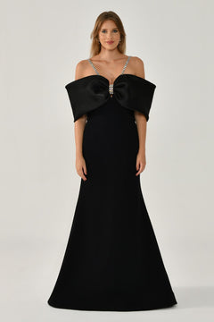 Stone-Embellished Strappy Off-Shoulder Crepe Long Dress