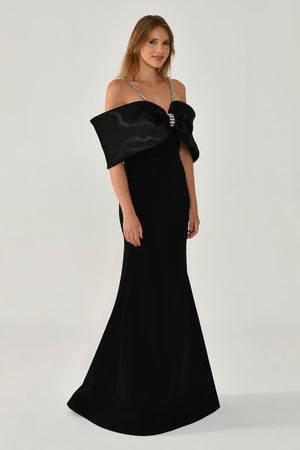 Stone-Embellished Strappy Off-Shoulder Crepe Long Dress