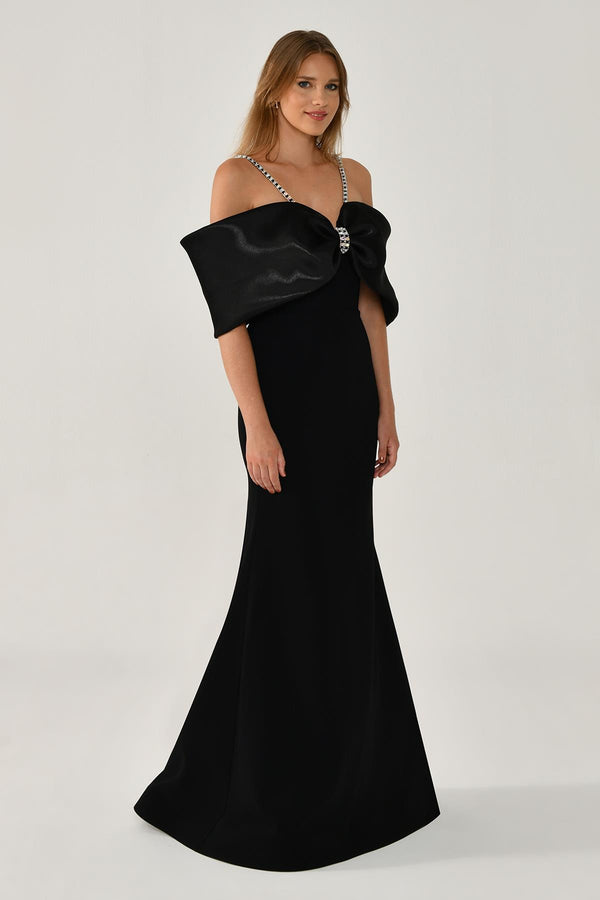 Stone-Embellished Strappy Off-Shoulder Crepe Long Dress