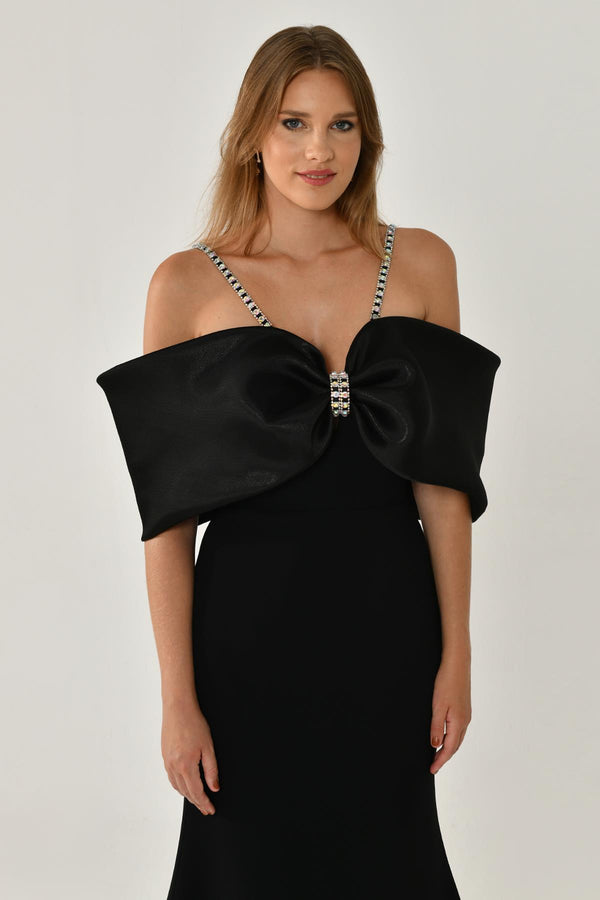 Stone-Embellished Strappy Off-Shoulder Crepe Long Dress
