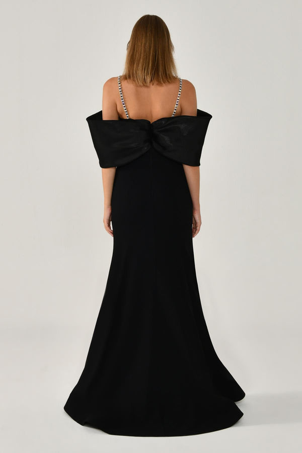 Stone-Embellished Strappy Off-Shoulder Crepe Long Dress