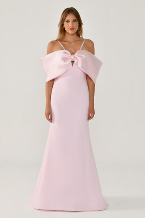 Stone-Embellished Strappy Off-Shoulder Crepe Long Dress