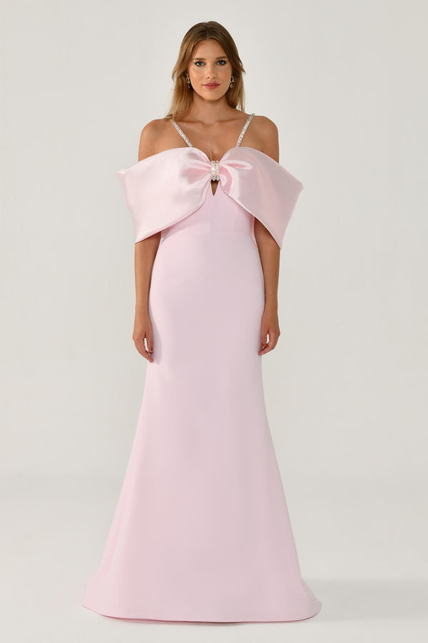 Stone-Embellished Strappy Off-Shoulder Crepe Long Dress