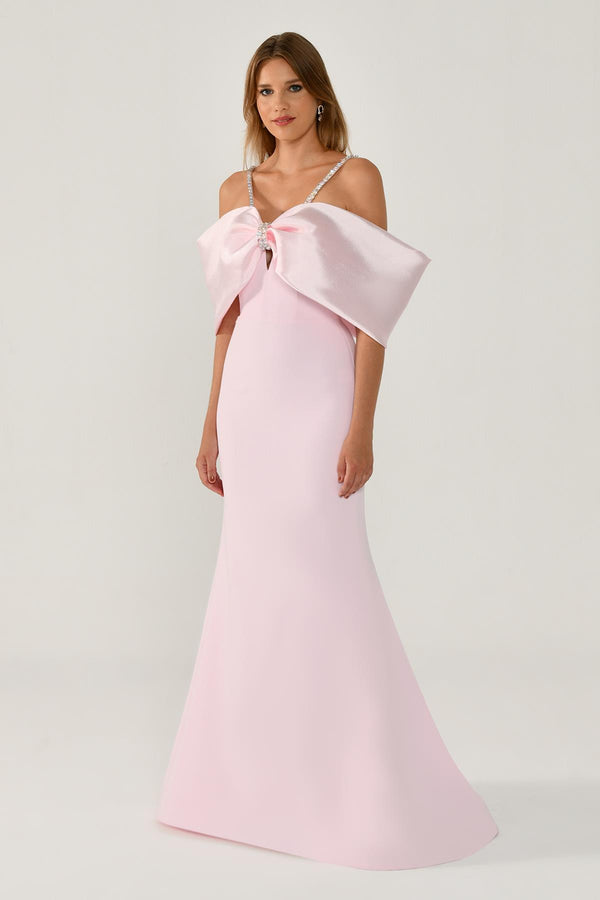 Stone-Embellished Strappy Off-Shoulder Crepe Long Dress