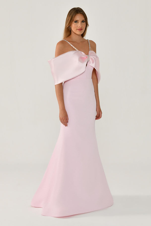 Stone-Embellished Strappy Off-Shoulder Crepe Long Dress