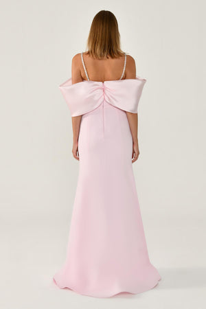Stone-Embellished Strappy Off-Shoulder Crepe Long Dress