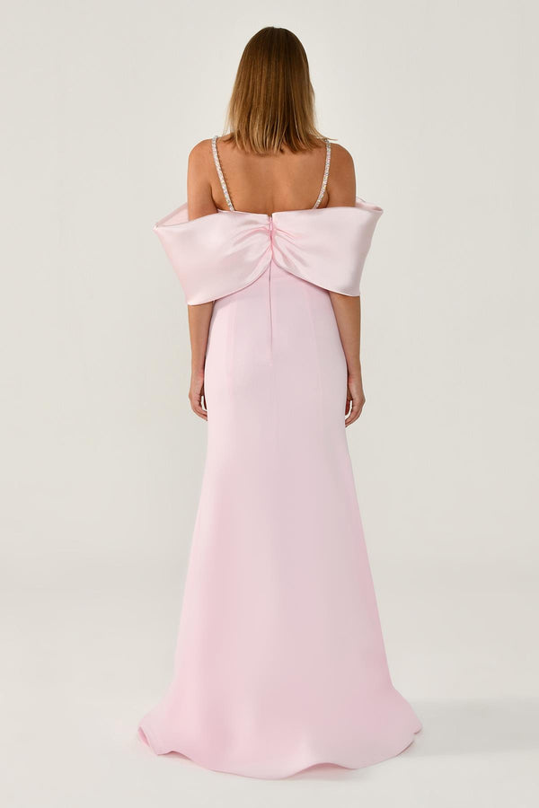 Stone-Embellished Strappy Off-Shoulder Crepe Long Dress