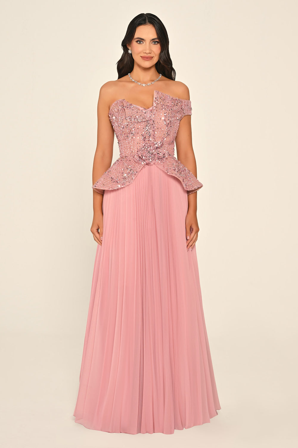 One-Shoulder Sequin Bodice Pleated Chiffon Maxi Dress