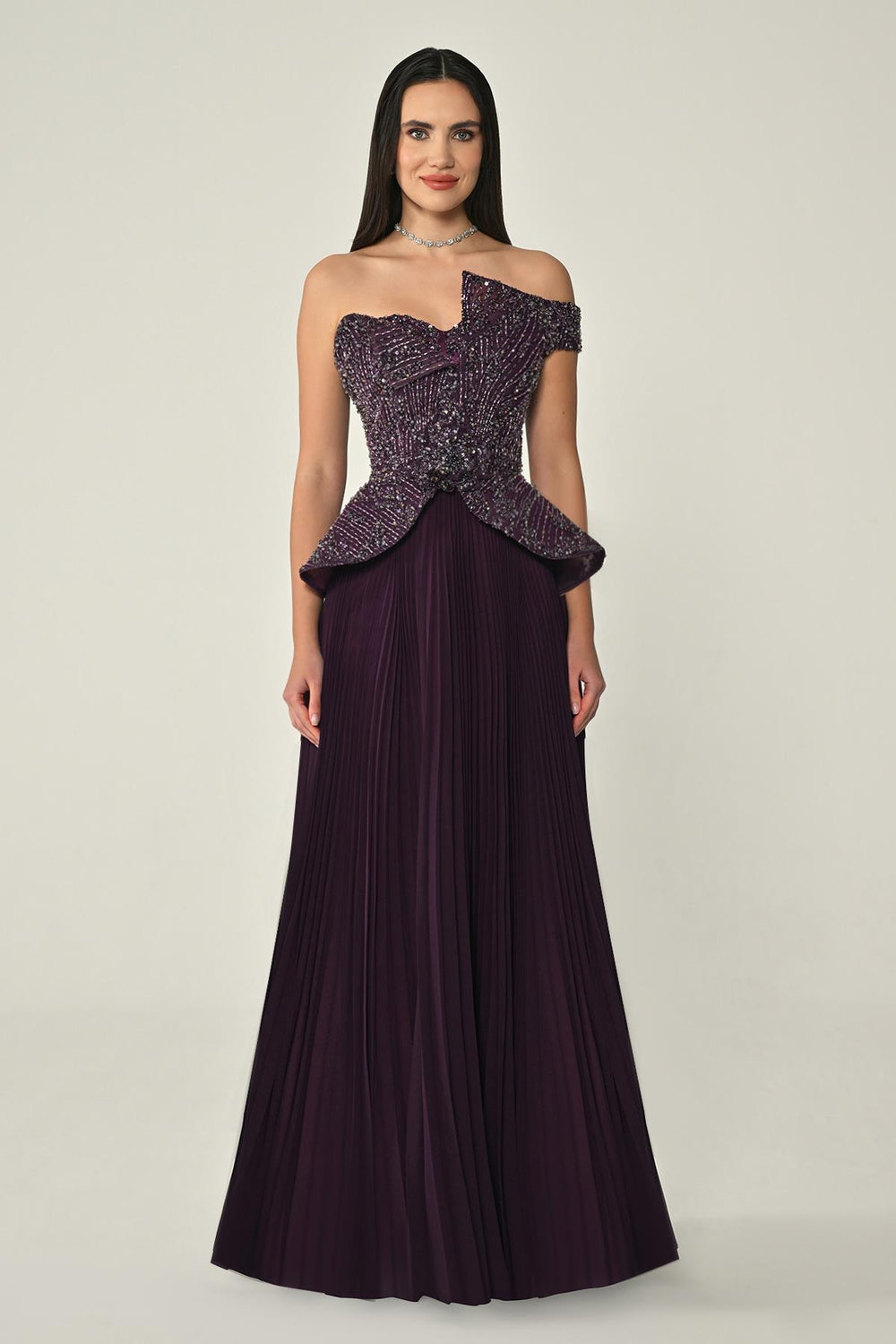 One-Shoulder Sequin Bodice Pleated Chiffon Maxi Dress