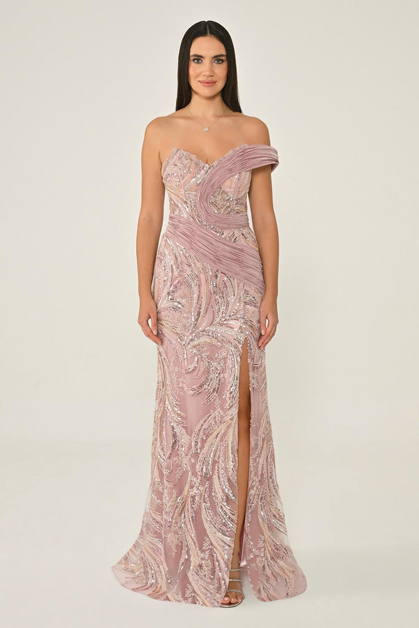 One Shoulder Side Slit Sequin Maxi Dress