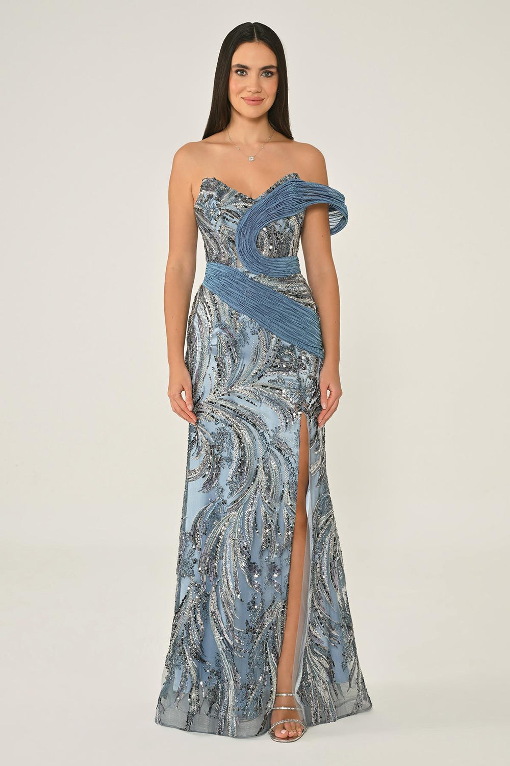 One Shoulder Side Slit Sequin Maxi Dress