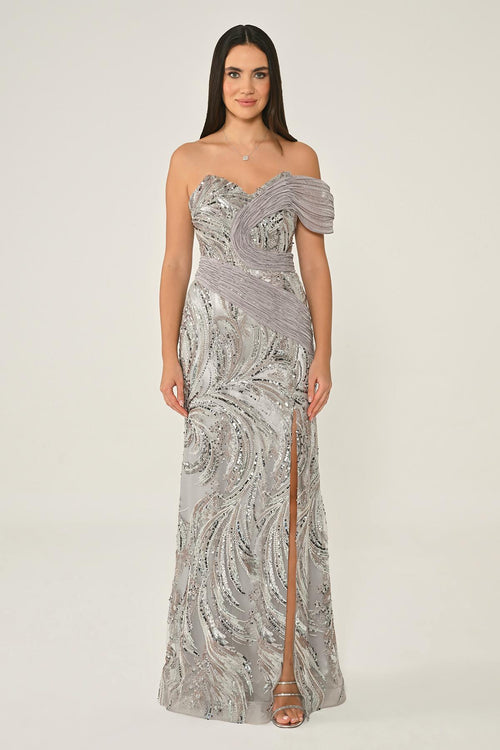 One Shoulder Side Slit Sequin Maxi Dress
