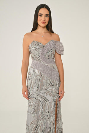 One Shoulder Side Slit Sequin Maxi Dress