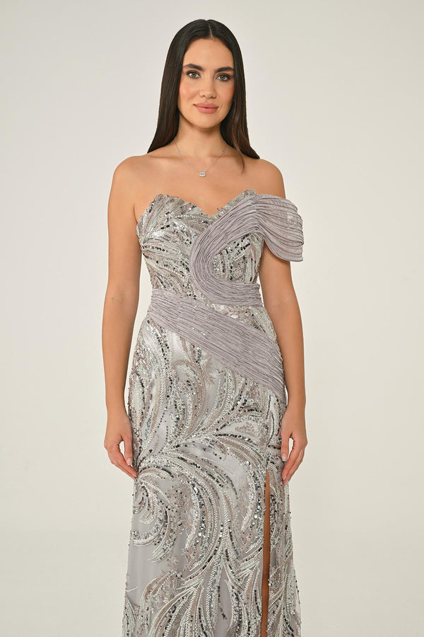 One Shoulder Side Slit Sequin Maxi Dress