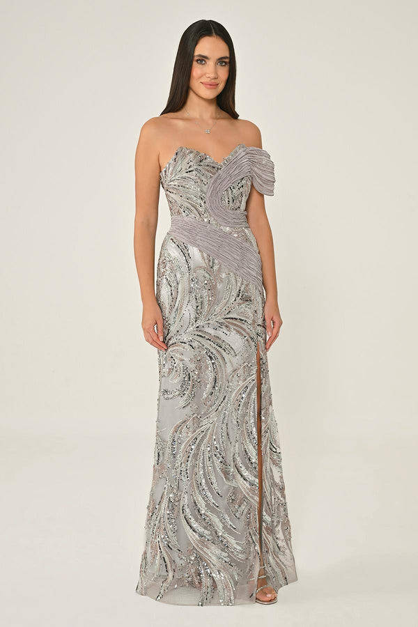 One Shoulder Side Slit Sequin Maxi Dress