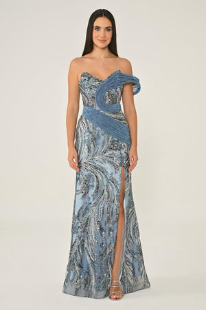 One Shoulder Side Slit Sequin Maxi Dress