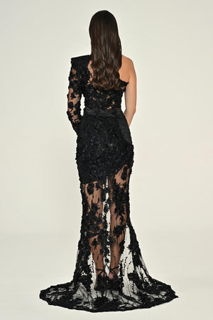 فستان طويل بفتحة أمامية من قماش الزهور ثلاثي الأبعاد بكم واحد