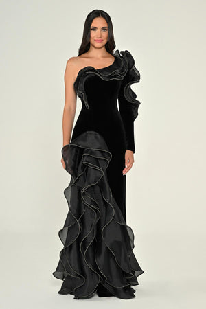 One-Shoulder Ruffled Slit Velvet Long Dress