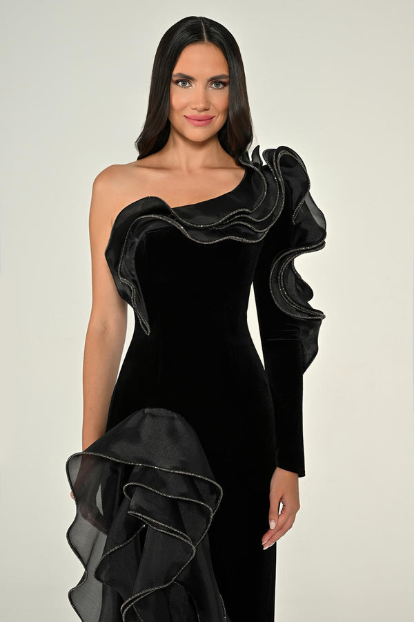 One-Shoulder Ruffled Slit Velvet Long Dress