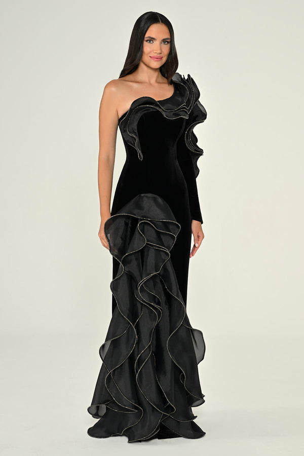 One-Shoulder Ruffled Slit Velvet Long Dress