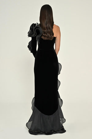 One-Shoulder Ruffled Slit Velvet Long Dress