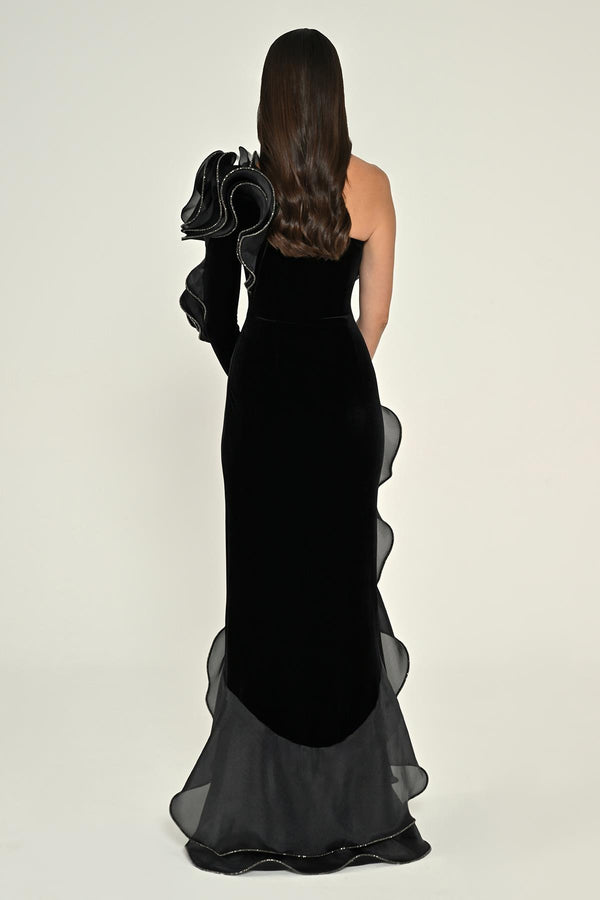One-Shoulder Ruffled Slit Velvet Long Dress