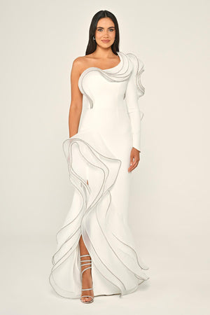 One-Shoulder Flounce Slit Crepe Long Dress