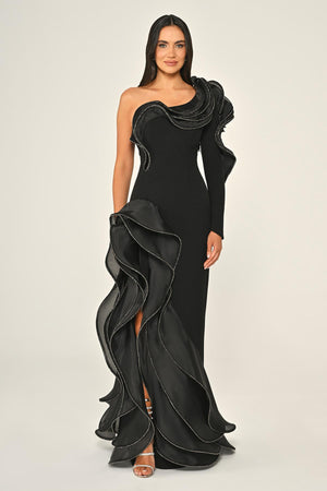 One-Shoulder Flounce Slit Crepe Long Dress