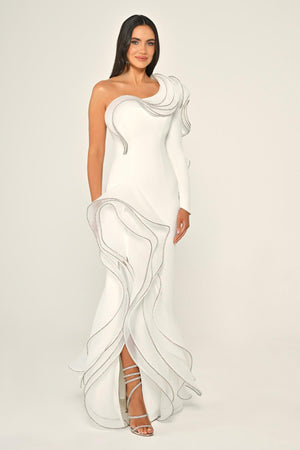 One-Shoulder Flounce Slit Crepe Long Dress