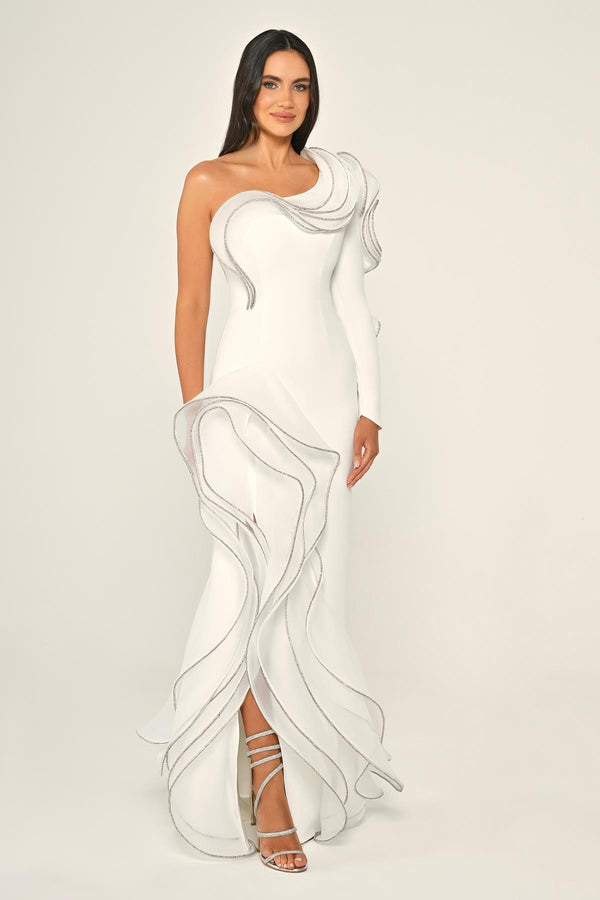 One-Shoulder Flounce Slit Crepe Long Dress
