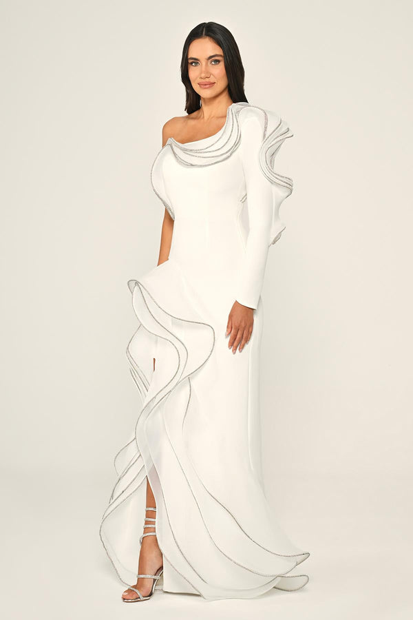 One-Shoulder Flounce Slit Crepe Long Dress