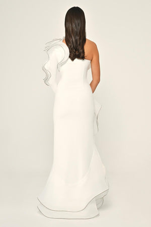 One-Shoulder Flounce Slit Crepe Long Dress
