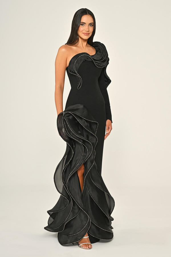 One-Shoulder Flounce Slit Crepe Long Dress