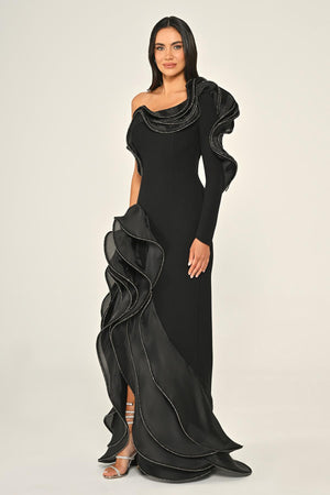 One-Shoulder Flounce Slit Crepe Long Dress