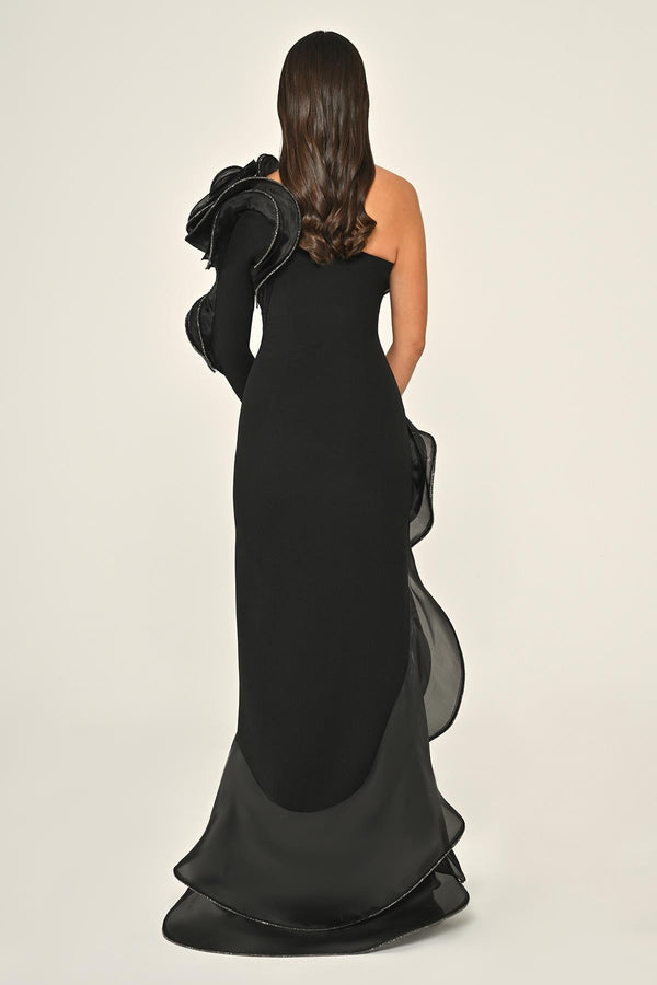 One-Shoulder Flounce Slit Crepe Long Dress