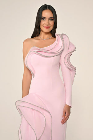 One-Shoulder Flounce Slit Crepe Long Dress