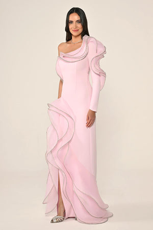 One-Shoulder Flounce Slit Crepe Long Dress