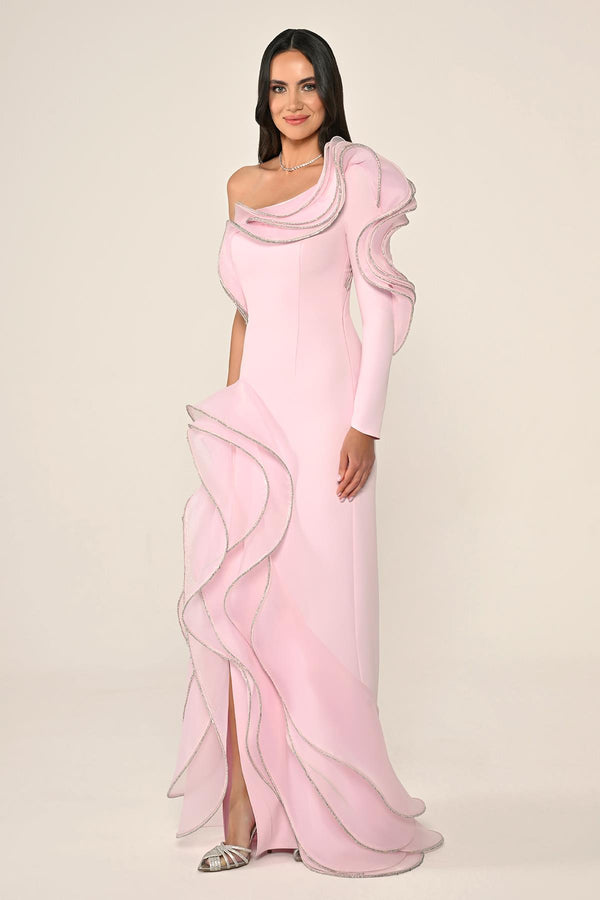 One-Shoulder Flounce Slit Crepe Long Dress