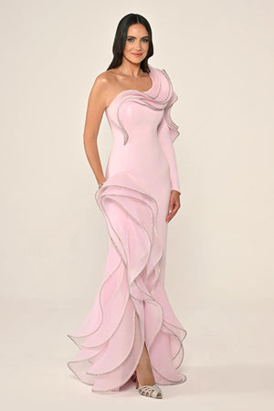 One-Shoulder Flounce Slit Crepe Long Dress