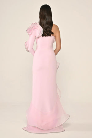 One-Shoulder Flounce Slit Crepe Long Dress