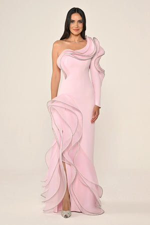 One-Shoulder Flounce Slit Crepe Long Dress
