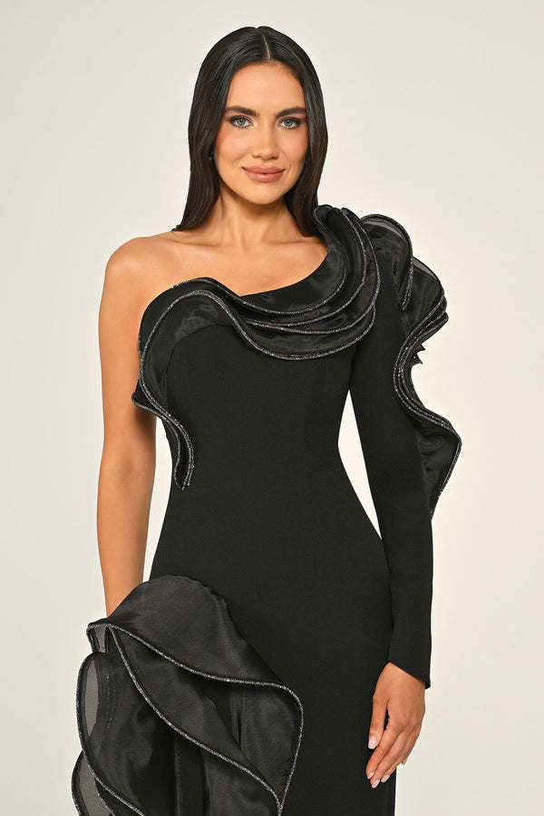One-Shoulder Flounce Slit Crepe Long Dress