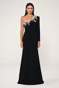 One-Shoulder Embellished Crepe Maxi Dress