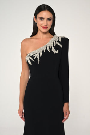 One-Shoulder Embellished Crepe Maxi Dress